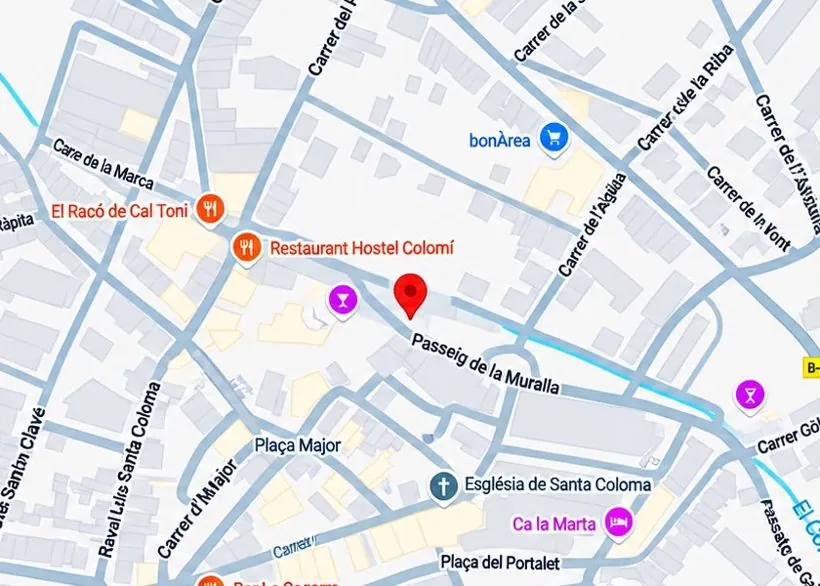 Mapa de Santa Coloma de Queralt amb la ubicació al Passeig de la Muralla